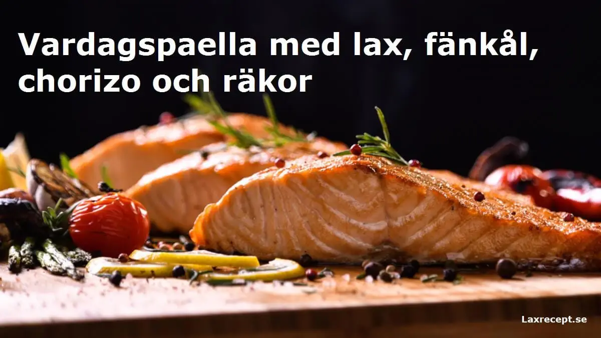 Vardagspaella med lax, fänkål, chorizo och räkor